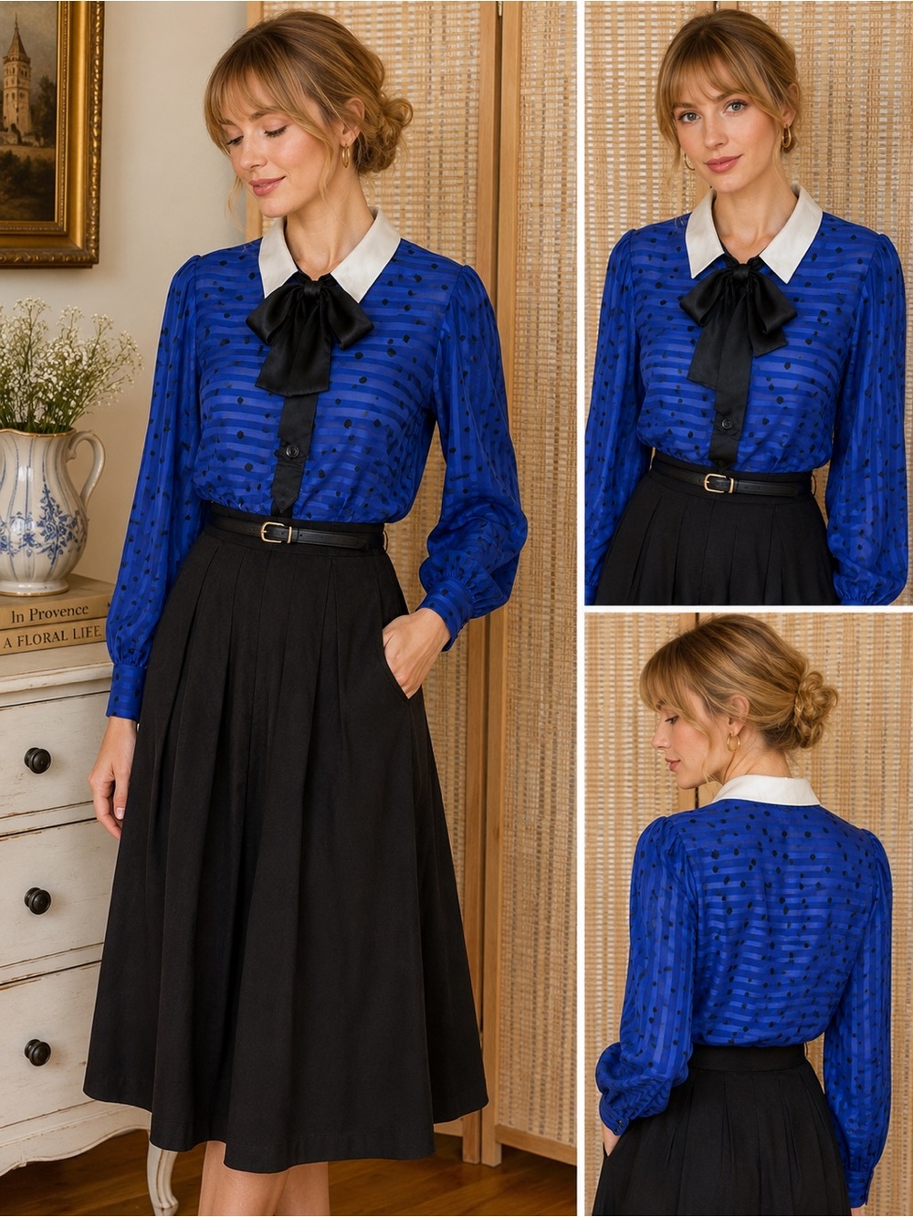 Vintage Albert Nipon Blue Black Polka Dot Sheer Blouse Bow Tie Collar Size L